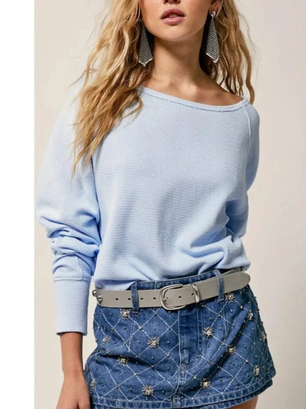 Free People We The Free Jess Thermal Long Sleeve Boatneck Tee Top Cozy Slouchy